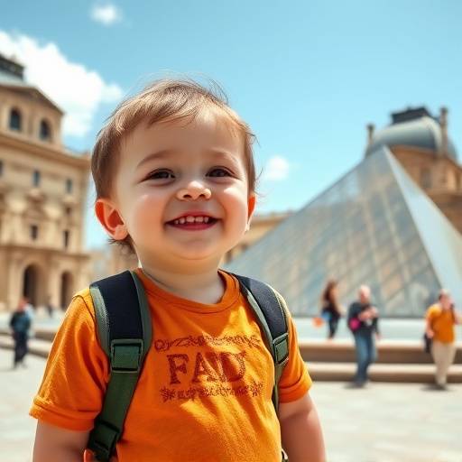 A toddler posing in front of the Louvre Museum.