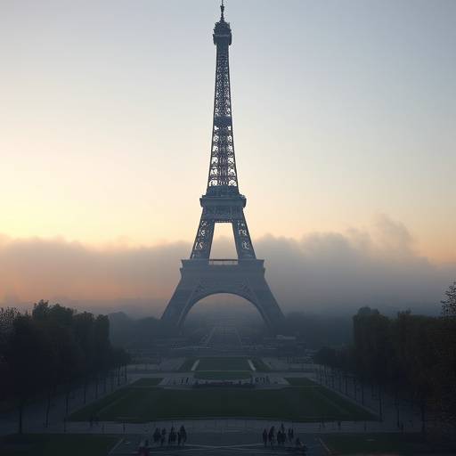 An early morning photograph of the Eiffel Tower shrouded in mist, taken from the Champ de Mars.