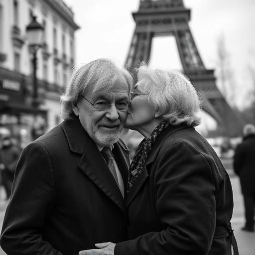 Black and white photo of two elderly lovers kissing in Paris.