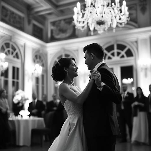 Elegant black and white photograph of a bride and groom sharing their first dance at a Parisian chateau.