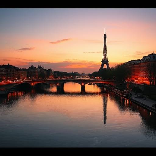 Panoramic view of the Seine River at dusk, with the lights of Paris reflecting on the water.