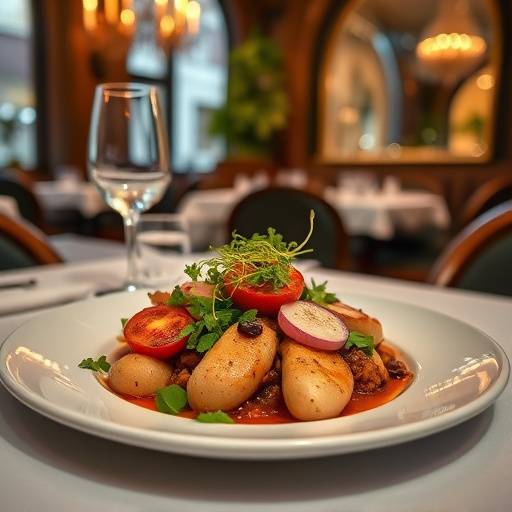 Photograph of a beautifully plated dish in a Parisian restaurant, showcasing food photography skills