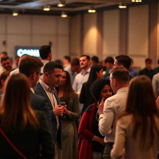 Photograph of a lively corporate event with attendees networking and engaging in conversation
