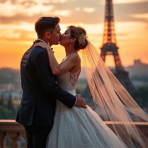 Romantic photograph of a bride and groom sharing a kiss in front of the Eiffel Tower